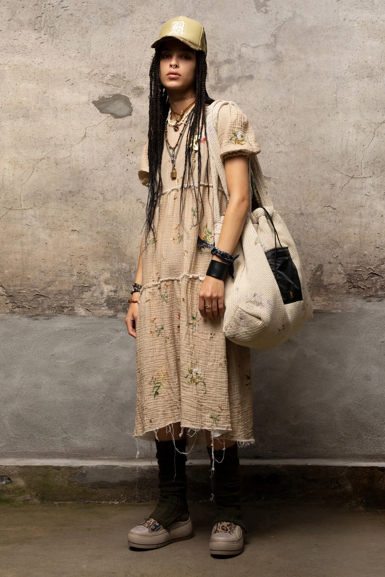 SHREDDED RELAXED MIDI - FLORAL ON KHAKI sold by R13