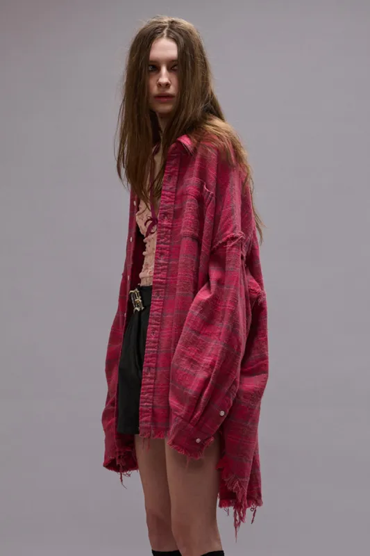 SHREDDED SEAM DROP NECK SHIRT - RASPBERRY OVERDYED PLAID sold by R13