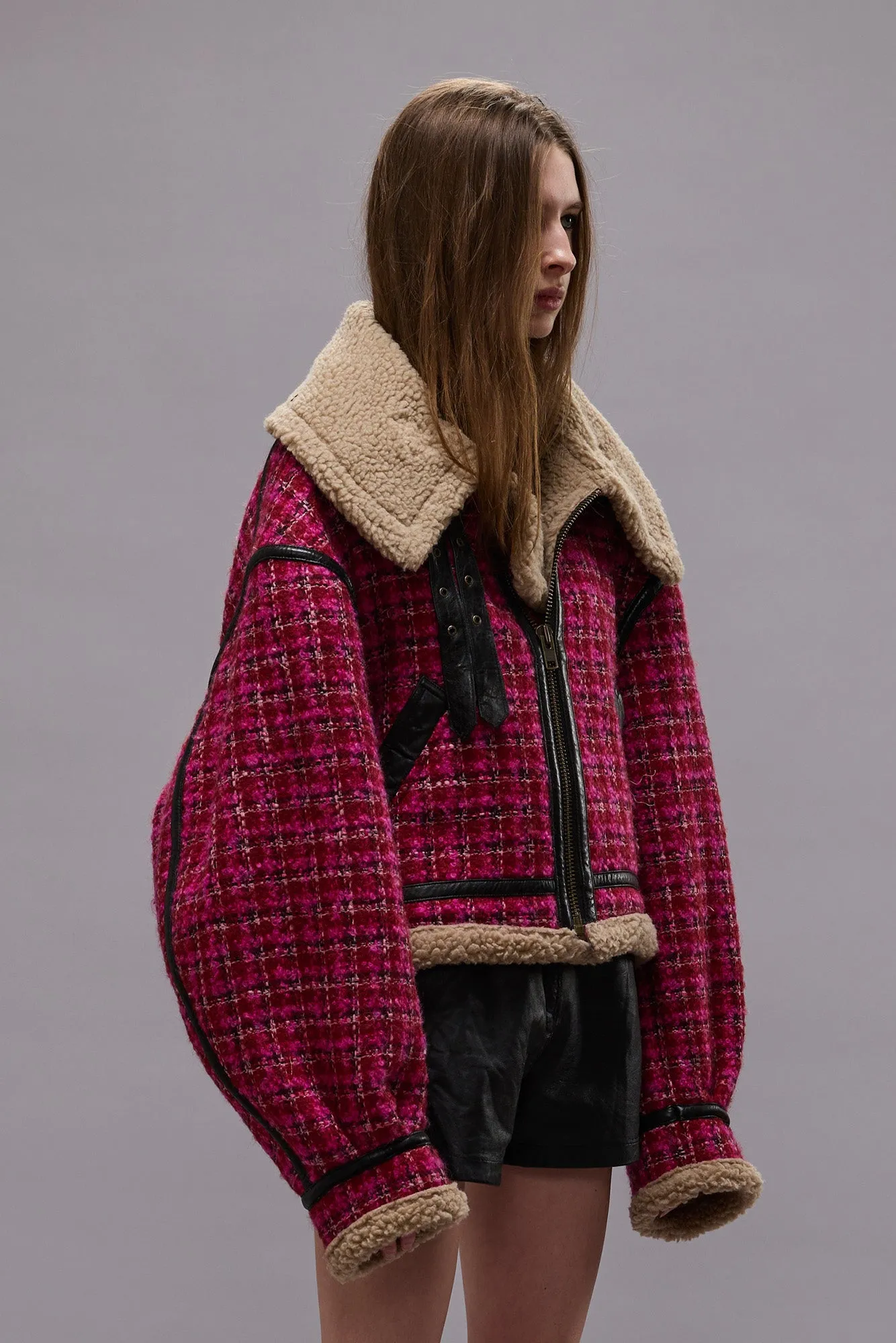 OVERSIZED AVIATOR JACKET - RASPBERRY TWEED sold by R13 product image thumbnail 4