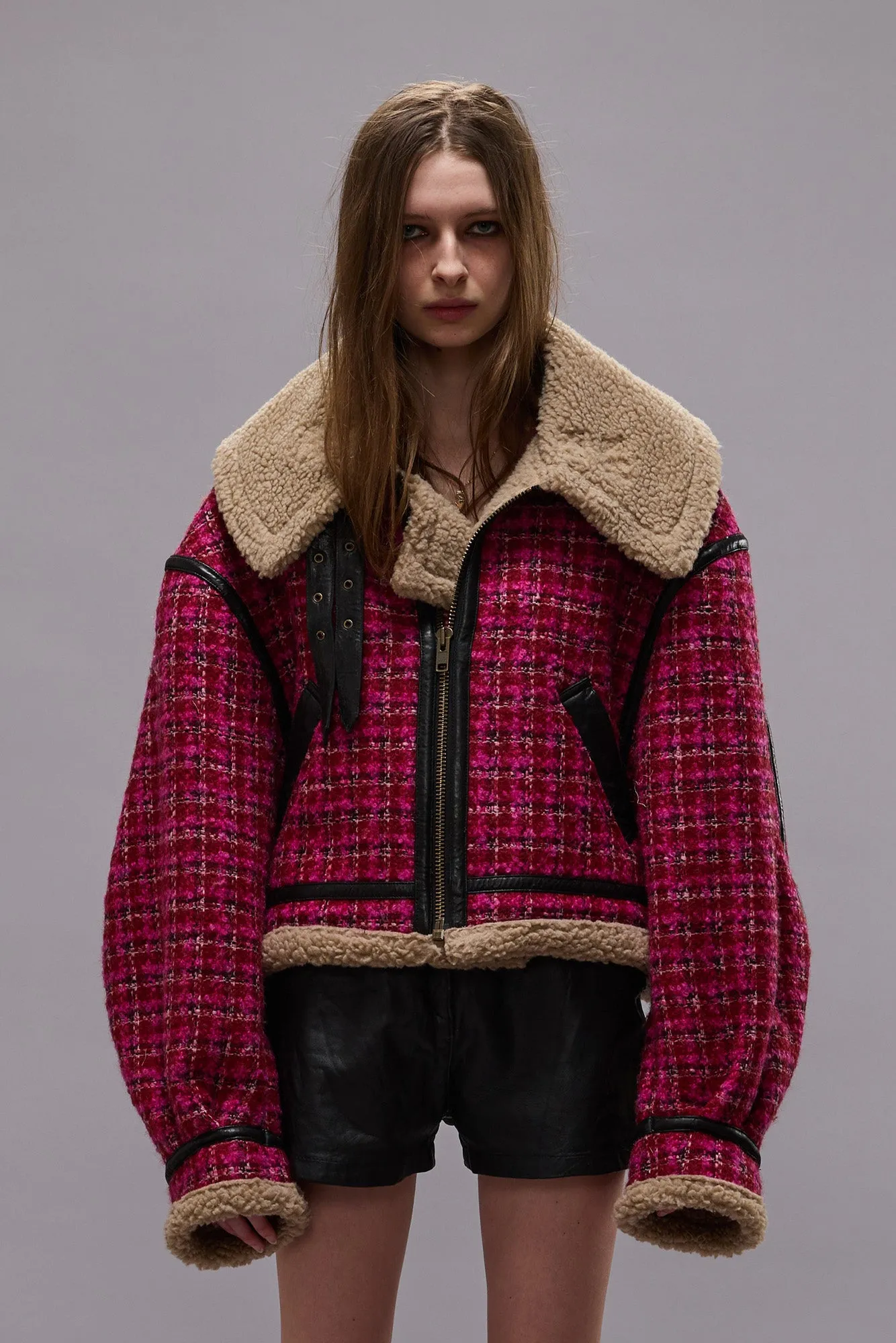 OVERSIZED AVIATOR JACKET - RASPBERRY TWEED sold by R13 product image thumbnail 3