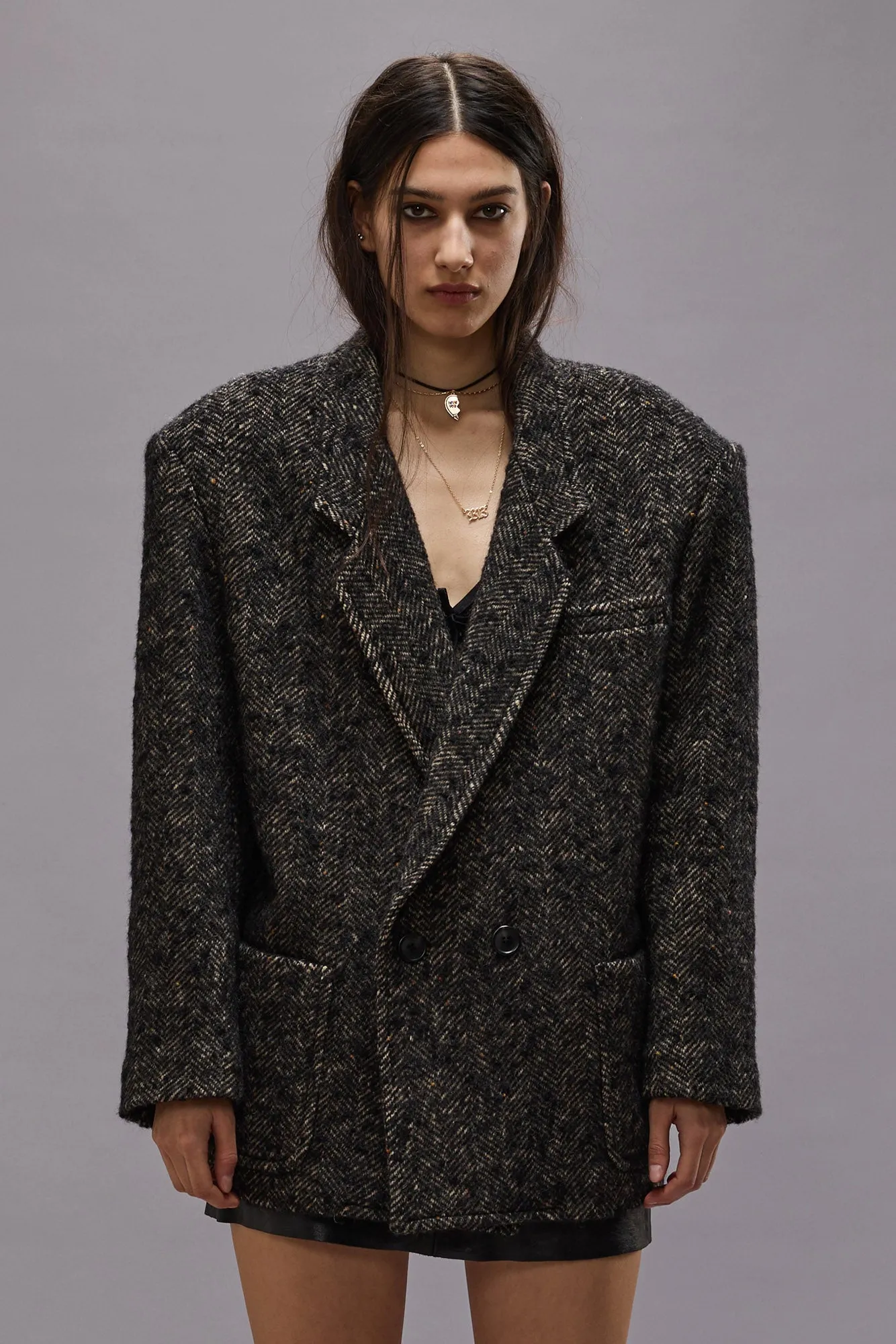 OVERSIZED DOUBLE-BREASTED BLAZER - BLACK HERRINGBONE sold by R13 product image thumbnail 3