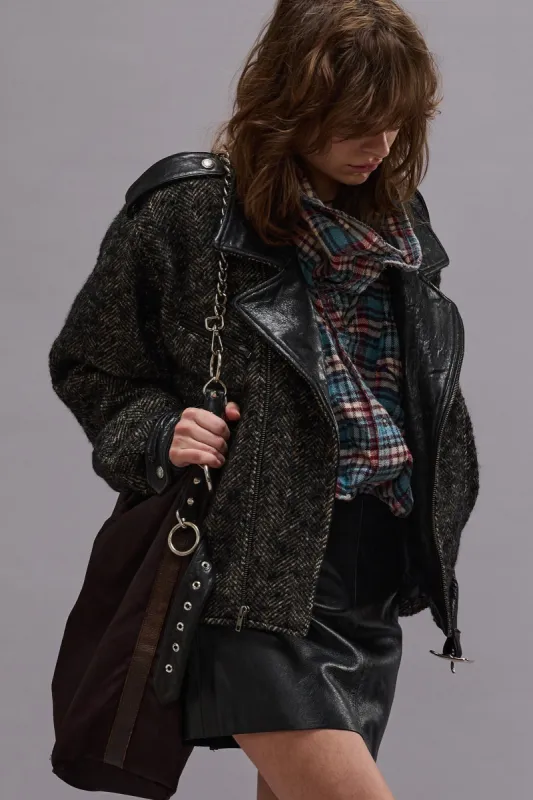 EXAGGERATED SHOULDER MOTORCYCLE JACKET - BLACK HERRINGBONE sold by R13