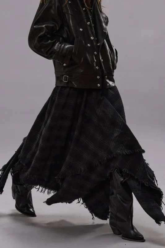 MIDI HANDKERCHIEF SKIRT - OVERDYED BLACK PLAID sold by R13