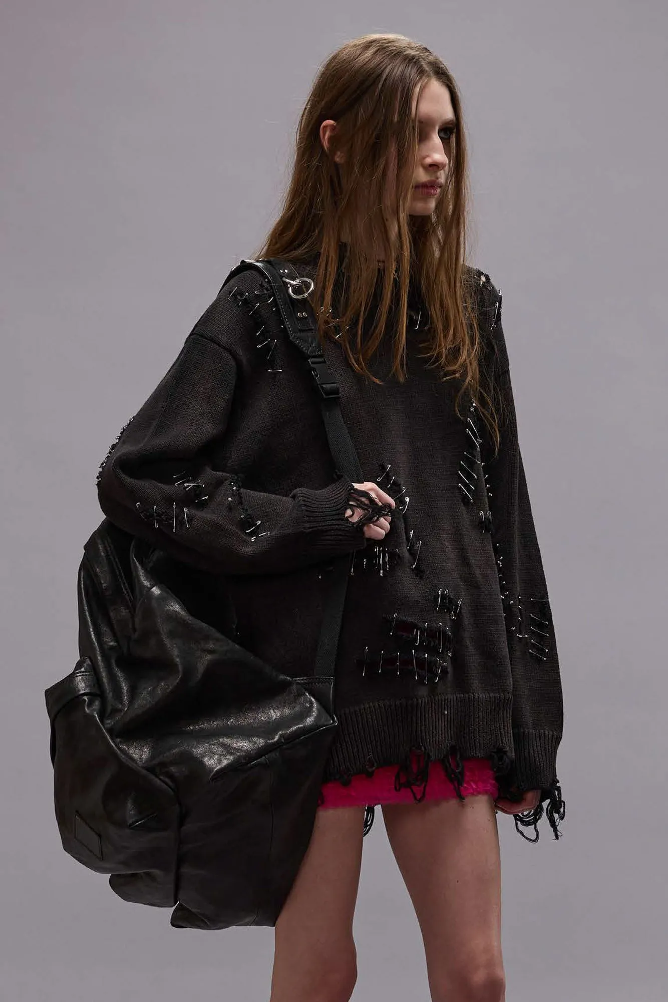 SLASHED BOYFRIEND SWEATER - BLACK WITH PINS sold by R13