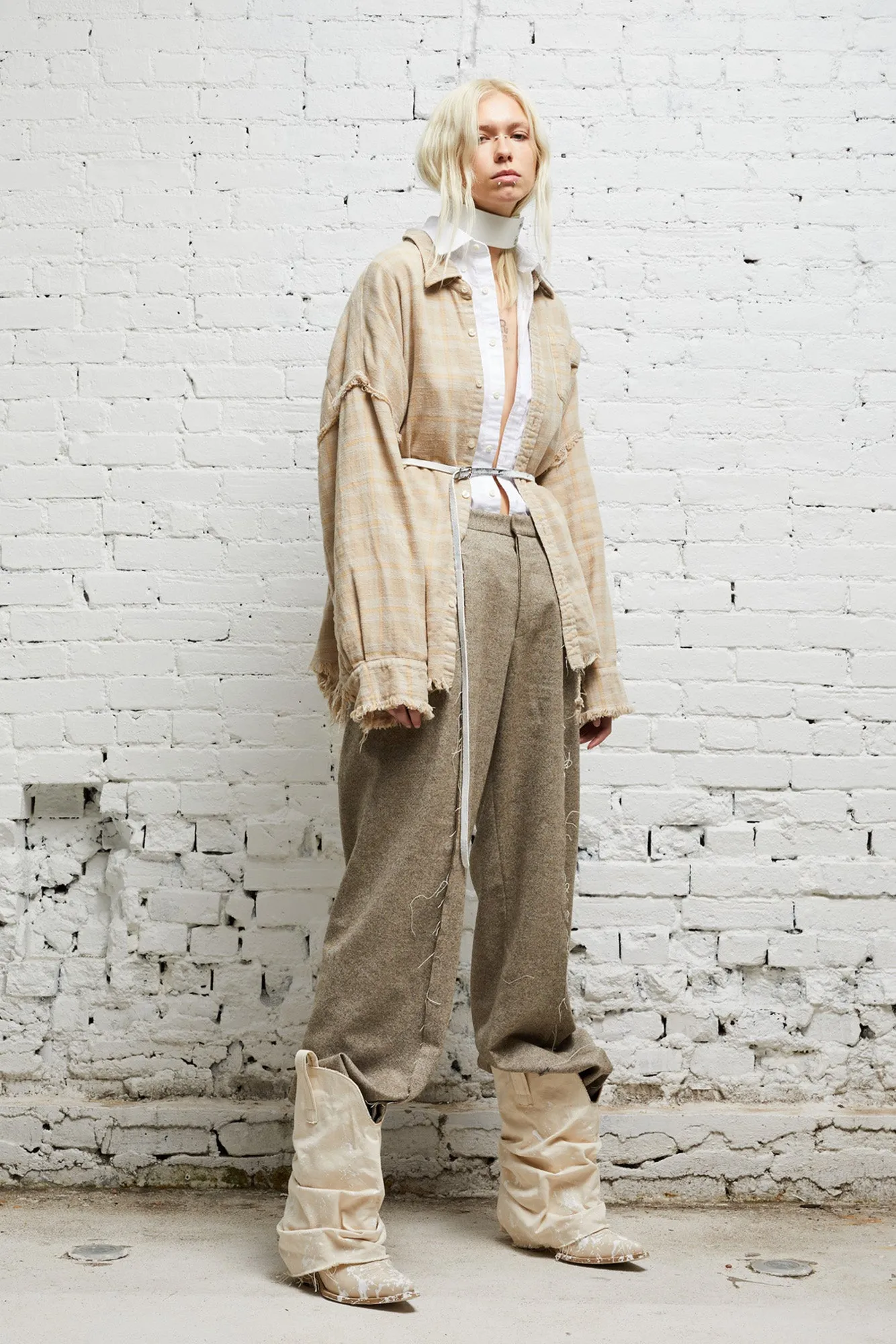 SHREDDED SEAM DROP NECK - OVERDYED KHAKI PLAID sold by R13