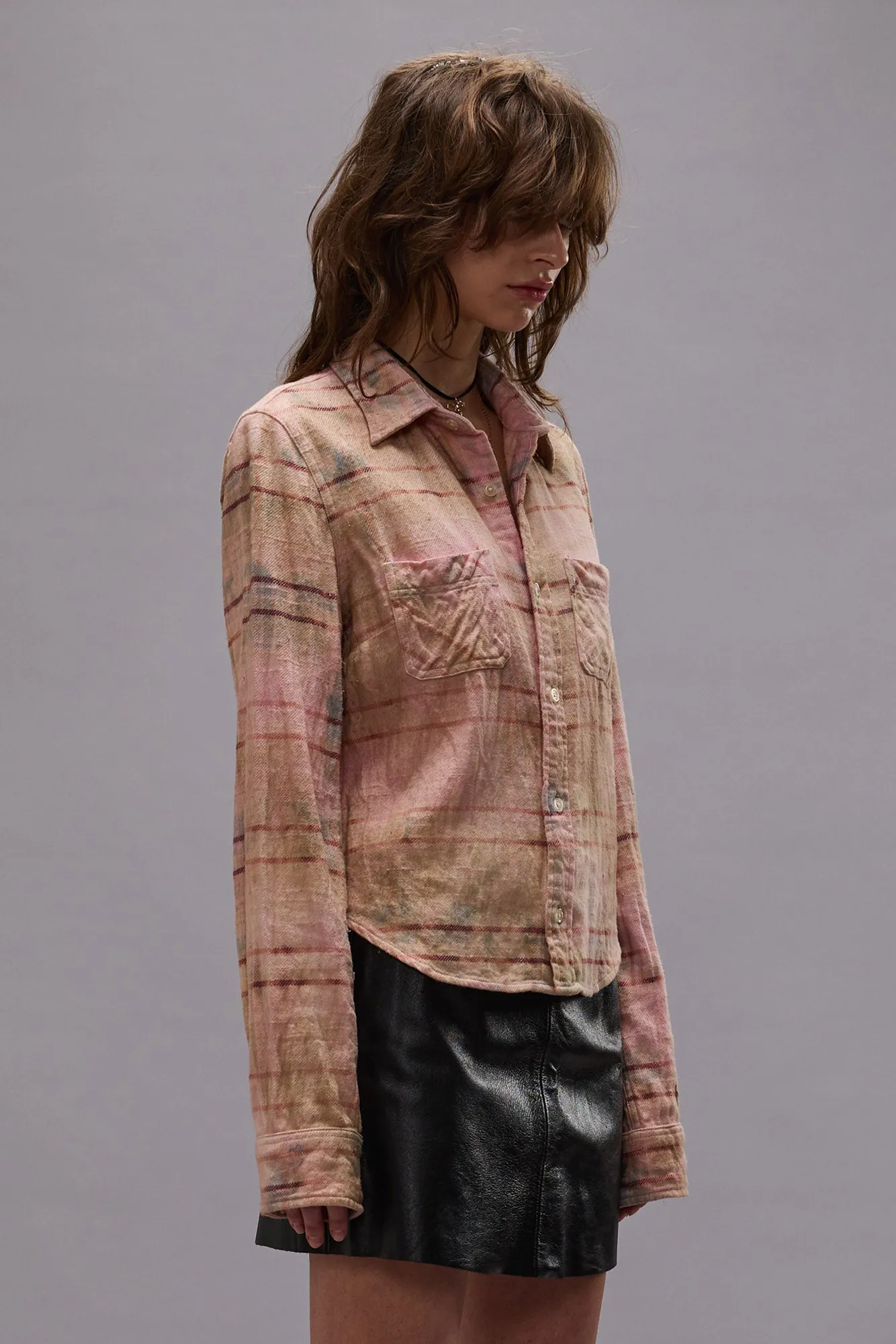 SHRUNKEN WORKSHIRT - PINK OVERDYED PLAID - PINK OVERDYED PLAID sold by R13 product image thumbnail 3