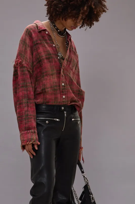 SHREDDED SEAM DROP NECK SHIRT - BLEACHED OUT RED PLAID sold by R13