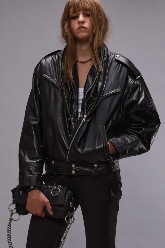 ZIP COLLAR MOTORCYCLE JACKET - BLACK sold by R13