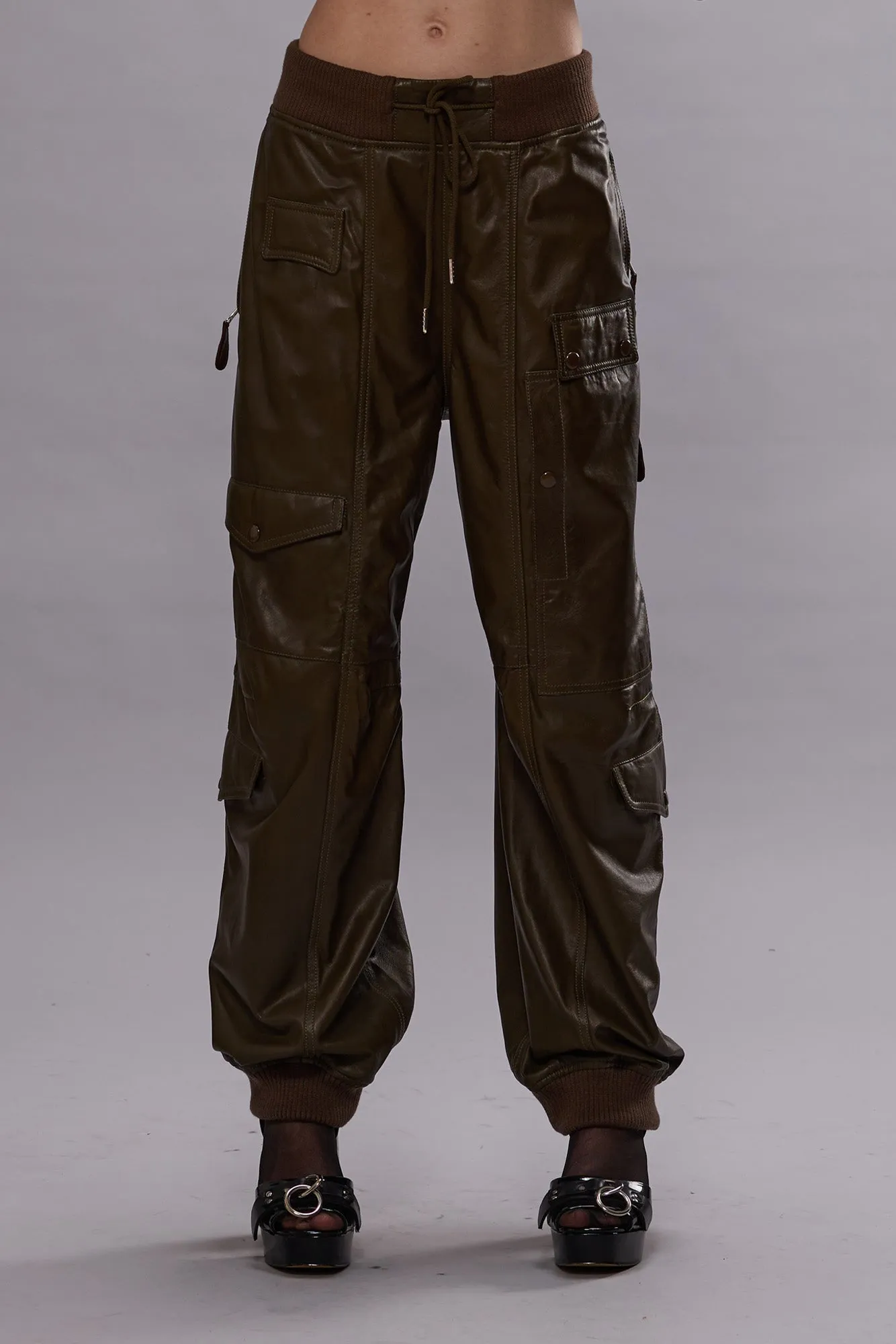 MULTIPOCKET BALLOON LEATHER PANT - OLIVE sold by R13 product image thumbnail 2