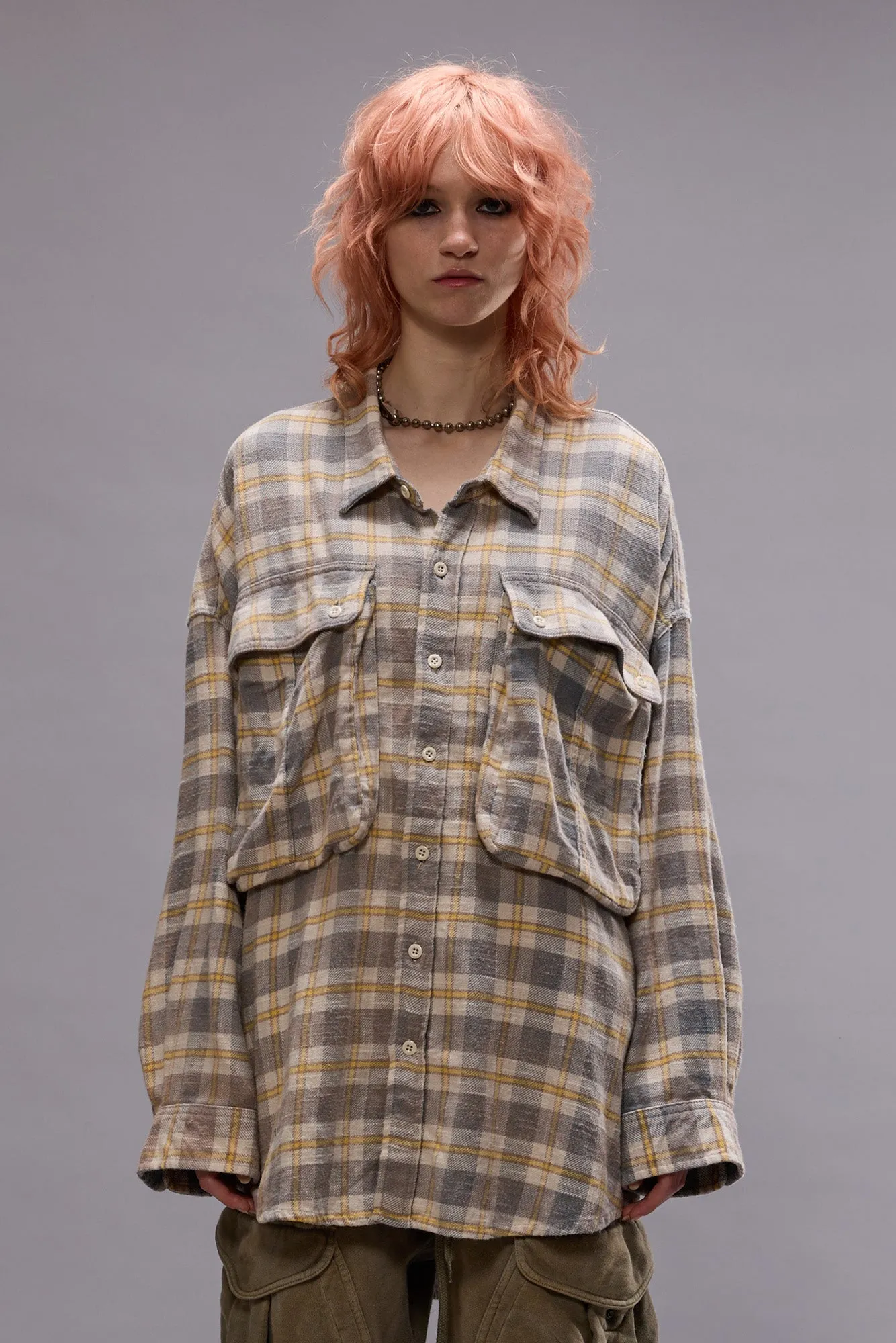 OVERSIZED POCKET DROP NECK SHIRT - CREAM/BLUE PLAID - CREAM/BLUE PLAID sold by R13 product image thumbnail 2