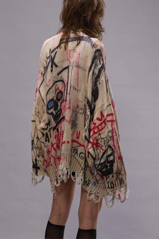 PRINTED OVERSIZED CARDIGAN - SKULL GRAFFITI PRINT sold by R13