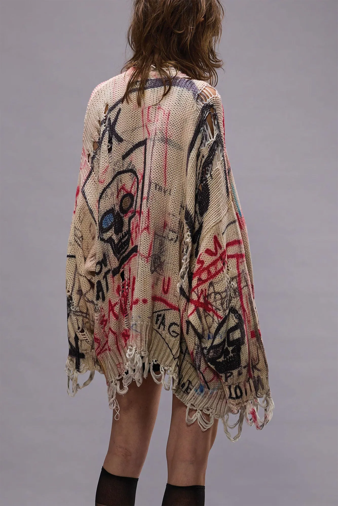 PRINTED OVERSIZED CARDIGAN - SKULL GRAFFITI PRINT sold by R13