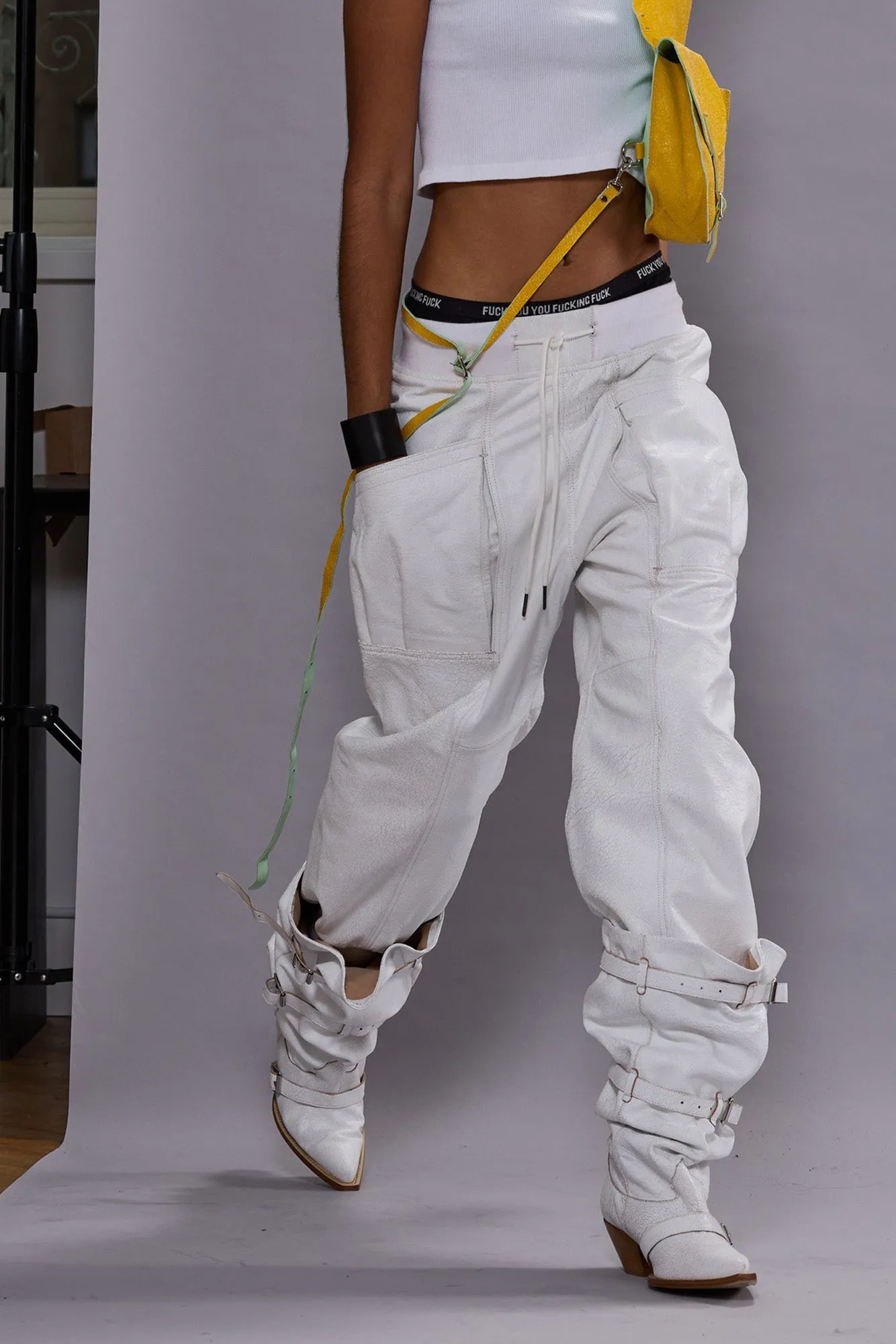 PLEATED POCKET STRAIGHT LEG LEATHER PANT - CRACKLE WHITE sold by R13