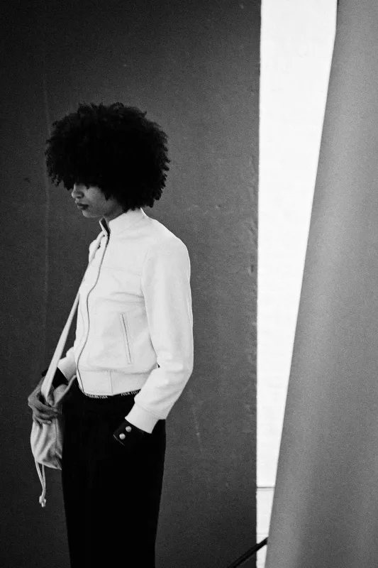 SHRUNKEN LEATHER JACKET WITH STAND COLLAR - CRACKLE WHITE sold by R13