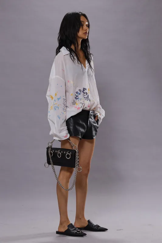 DROP NECK SHIRT - WHITE W/ PAINT SPLATTER AND SCRIBBLES sold by R13