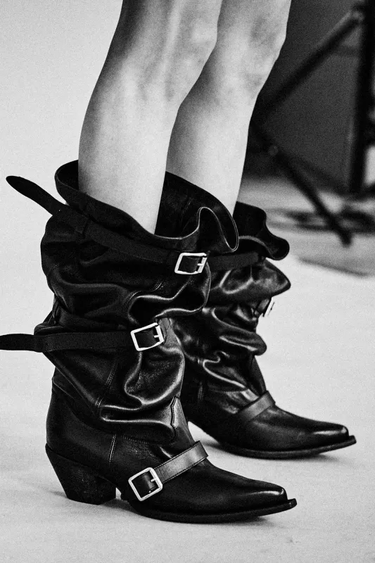 BUCKLED-UP SLOUCH COWBOY BOOT - BLACK - BLACK sold by R13