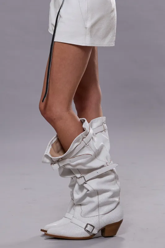 BUCKLED-UP SLOUCH COWBOY BOOT - CRACKLE WHITE sold by R13