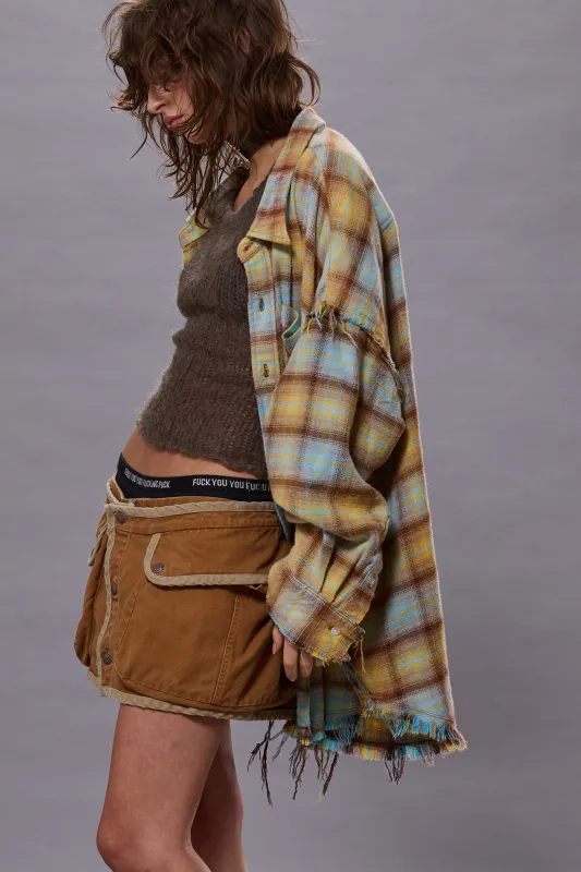 SHREDDED SEAM DROP NECK SHIRT - LIGHT BLUE/YELLOW PLAID sold by R13