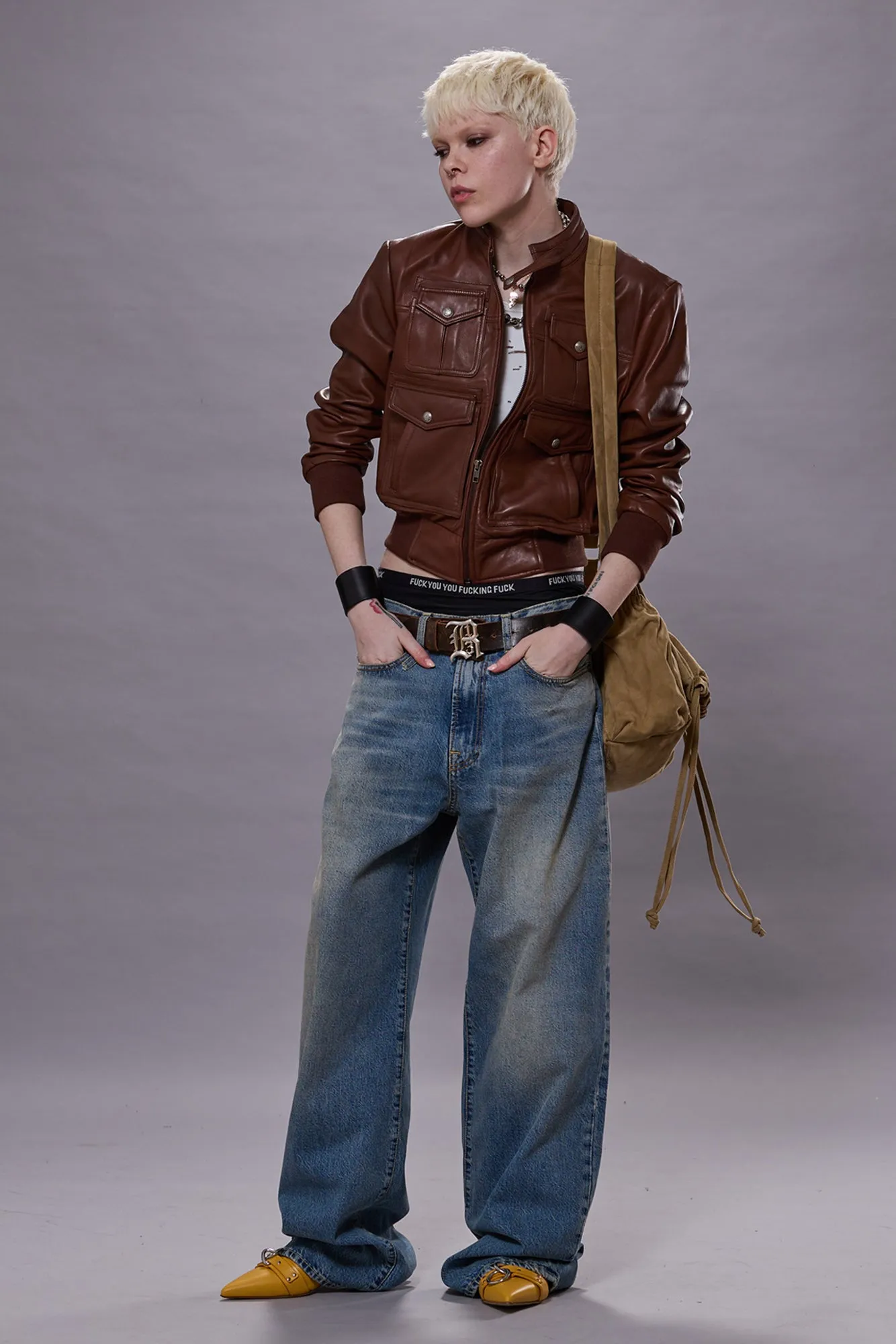 SHRUNKEN ZIP-UP LEATHER JACKET - BROWN sold by R13 product image thumbnail 2