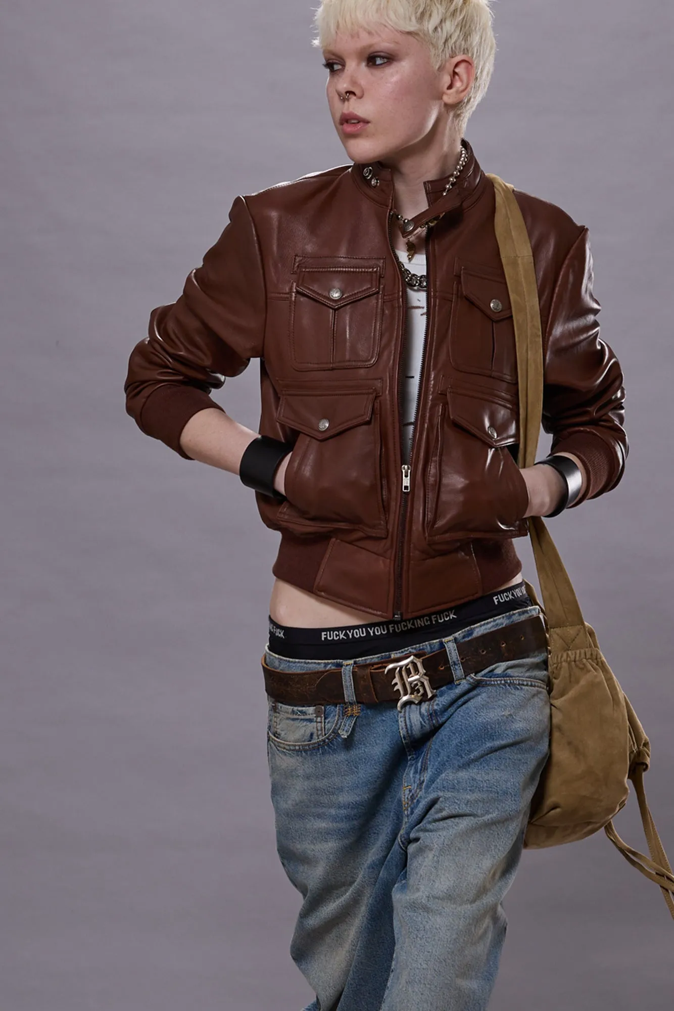 SHRUNKEN ZIP-UP LEATHER JACKET - BROWN sold by R13 product image thumbnail 3