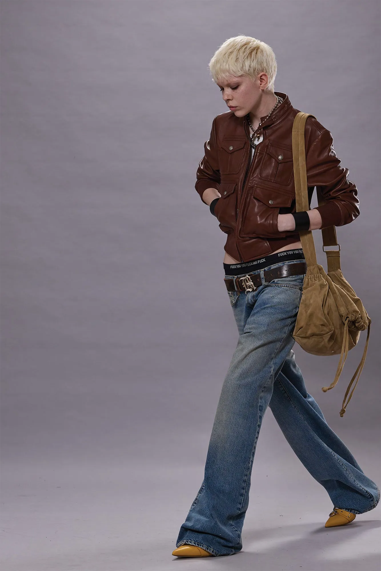 SHRUNKEN ZIP-UP LEATHER JACKET - BROWN sold by R13