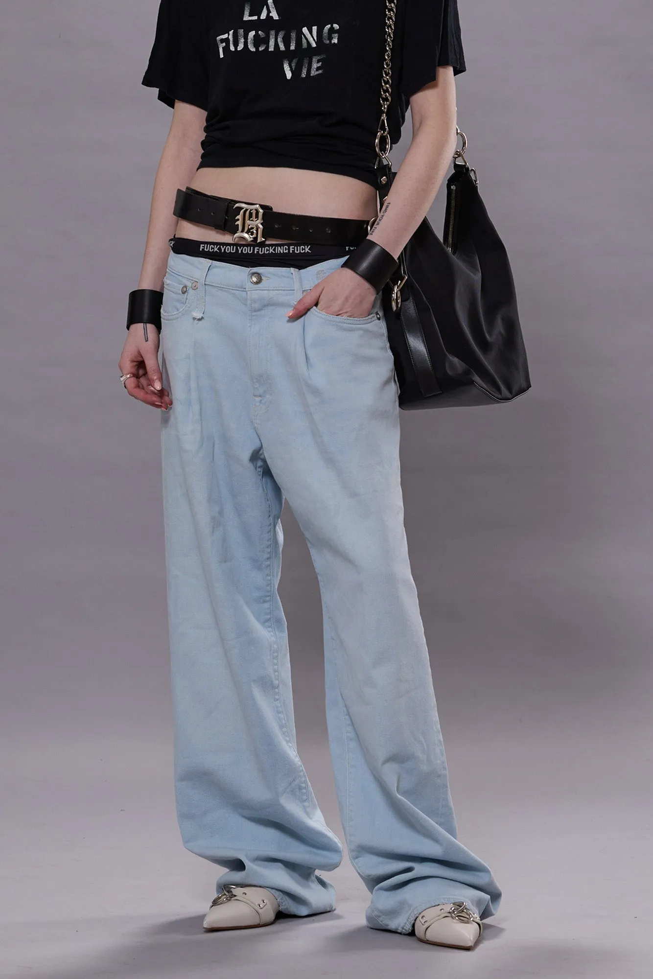 DAMON PLEATED WIDE LEG JEAN - FADED BLUE STRETCH sold by R13