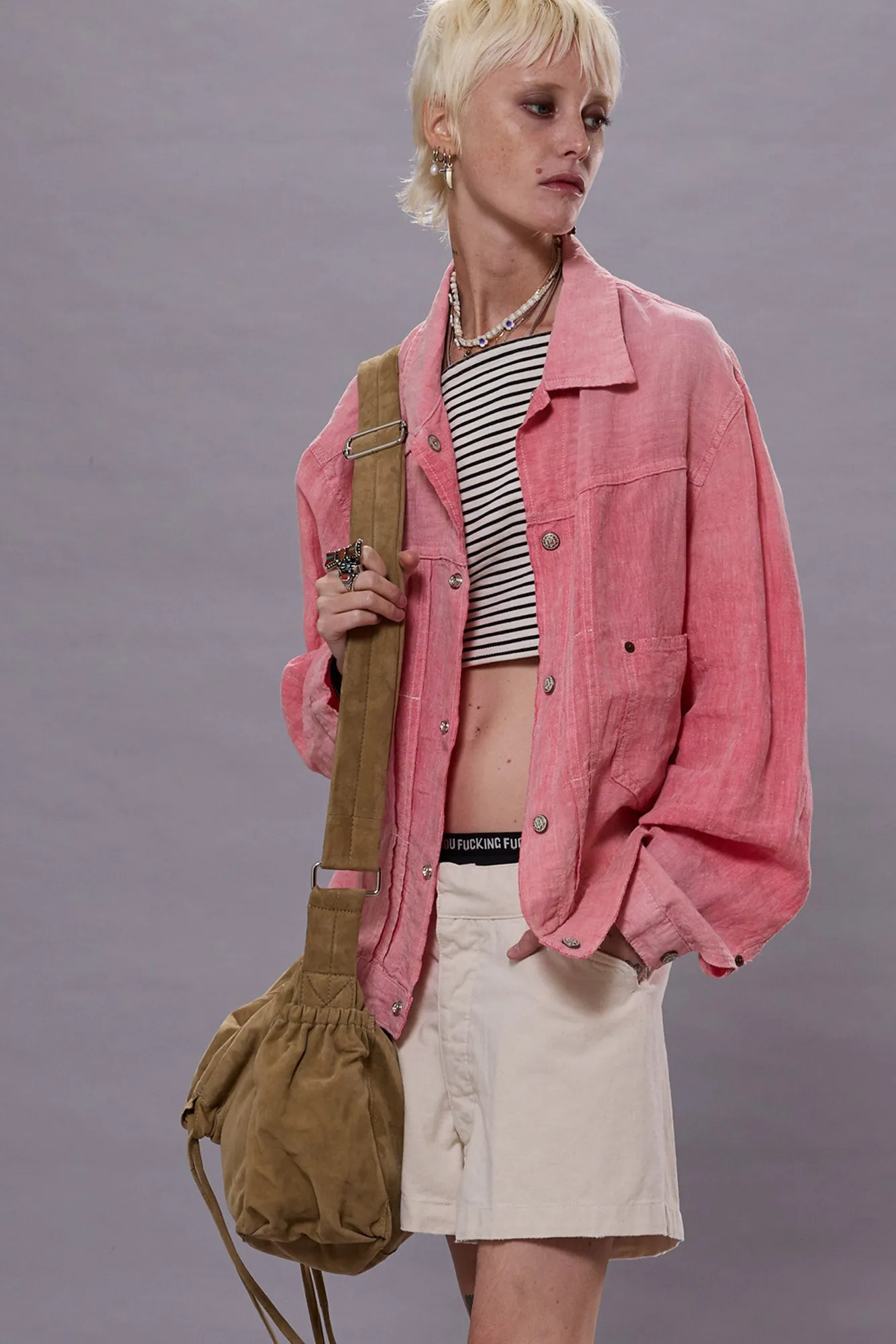 RELAXED PLEATED TRUCKER JACKET - CORAL LINEN CHAMBRAY sold by R13 product image thumbnail 2