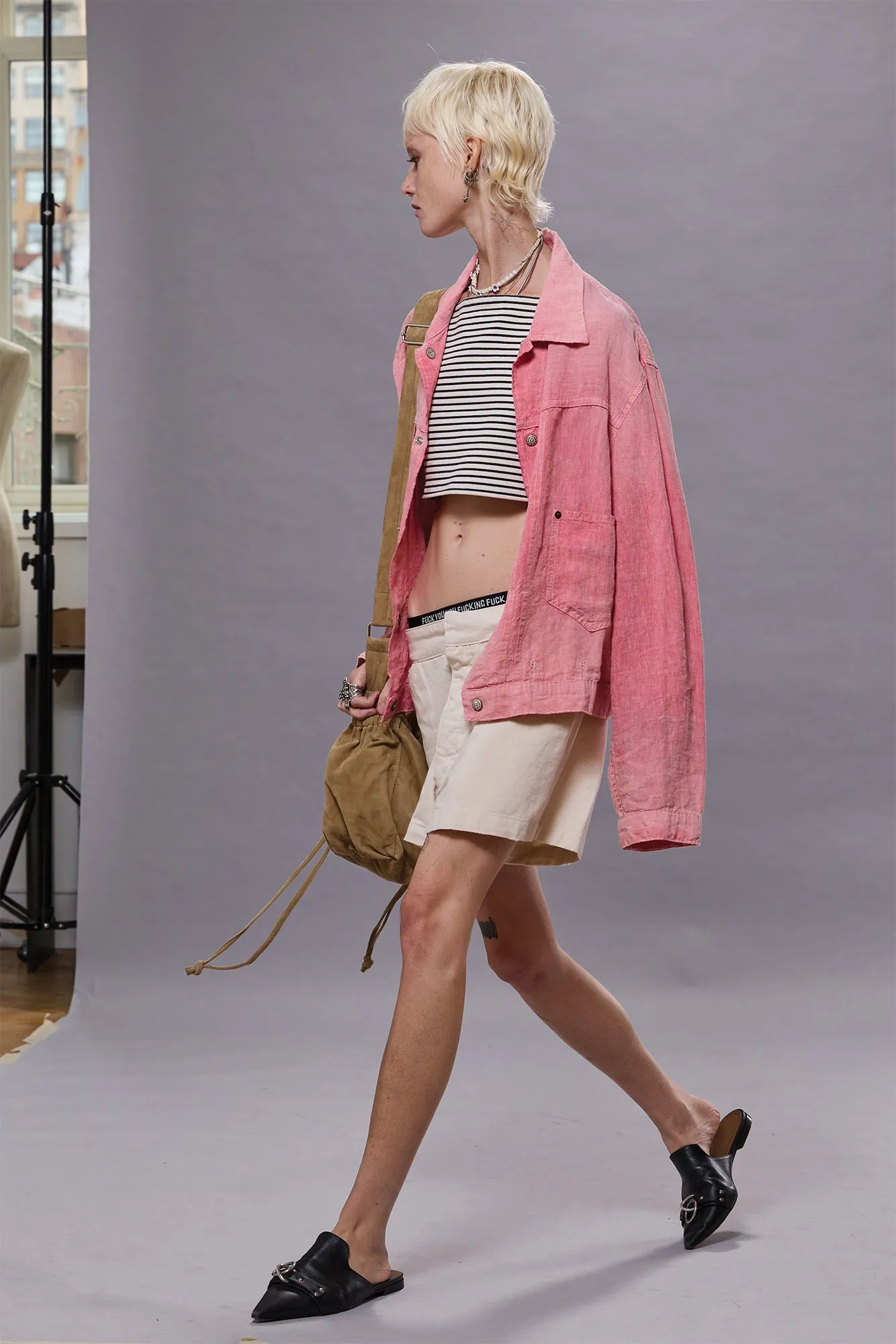 RELAXED PLEATED TRUCKER JACKET - CORAL LINEN CHAMBRAY sold by R13