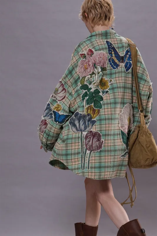 DROP NECK SHIRT - LIGHT GREEN PLAID W/ APPLIQUE sold by R13