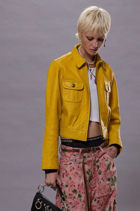 CROPPED SHRUNKEN ZIP-UP LEATHER JACKET - YELLOW / AQUA sold by R13
