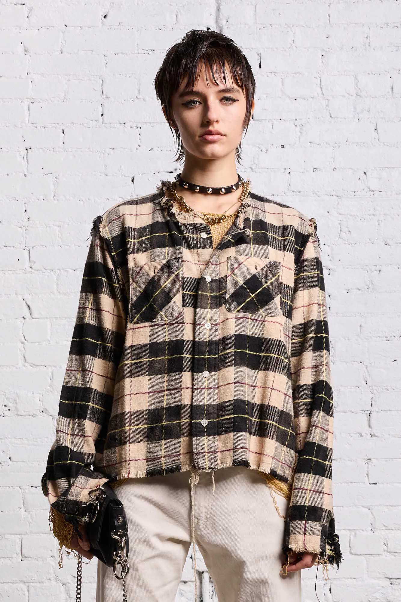 SHREDDED CREWNECK SHIRT - BLEACHED BEIGE PLAID sold by R13 product image thumbnail 3
