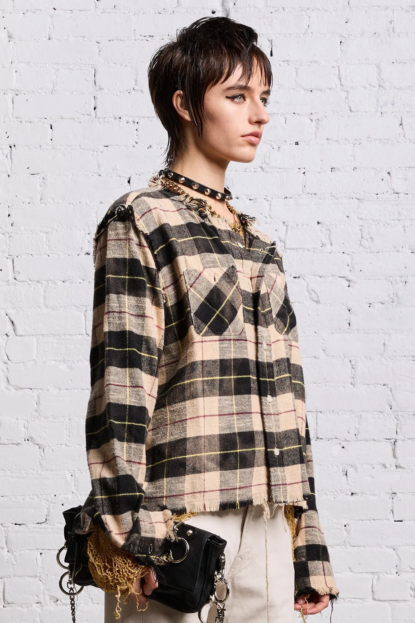 SHREDDED CREWNECK SHIRT - BLEACHED BEIGE PLAID sold by R13 product image thumbnail 4