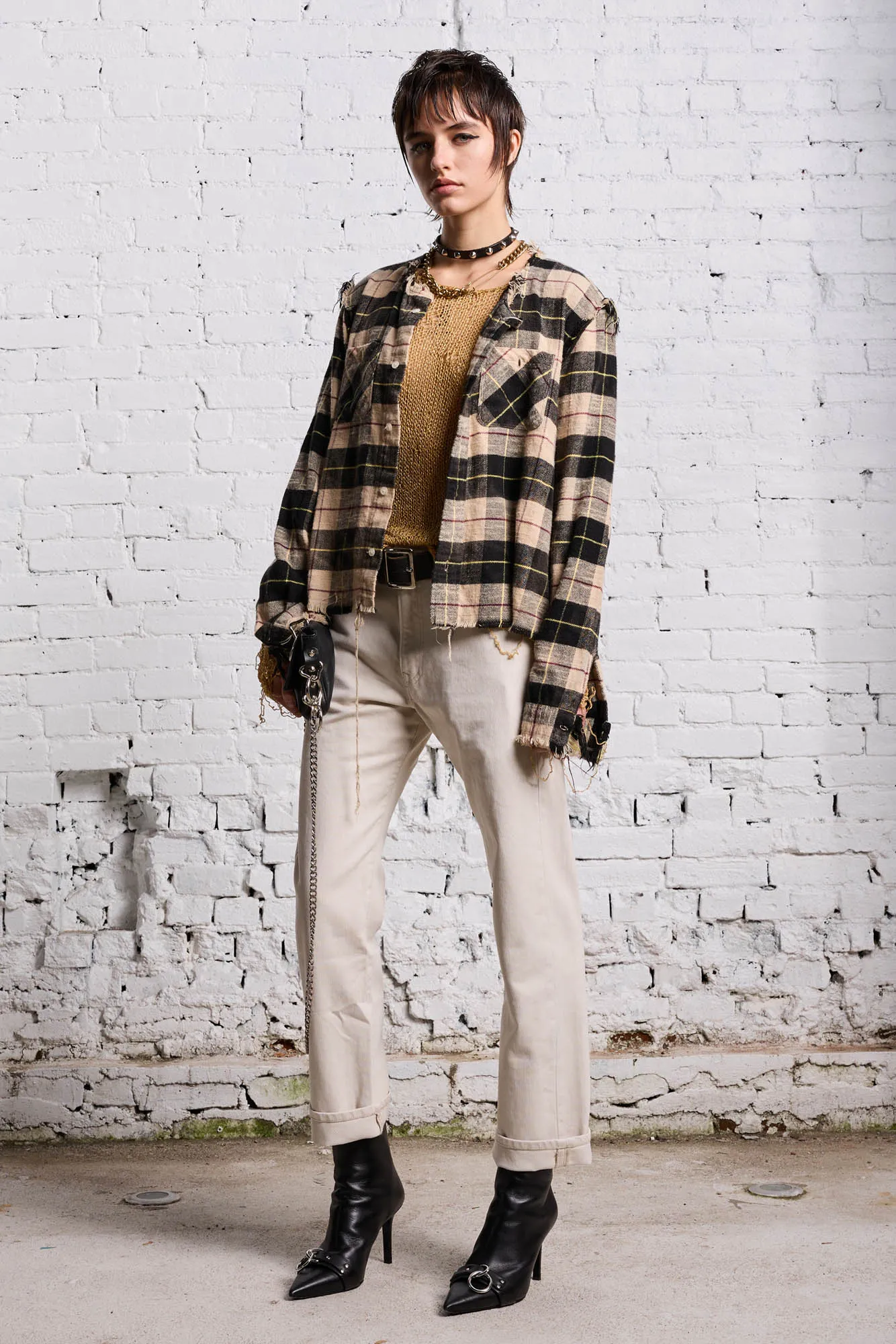 SHREDDED CREWNECK SHIRT - BLEACHED BEIGE PLAID sold by R13 product image thumbnail 2