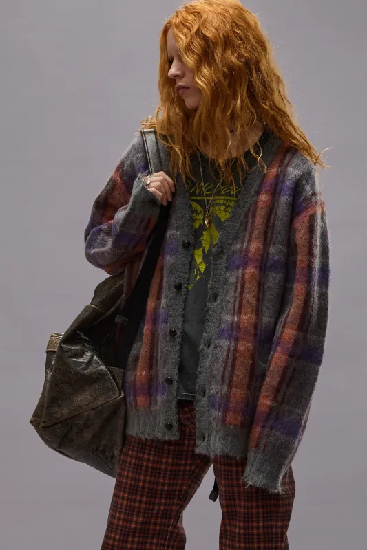 MOHAIR BOYFRIEND CARDIGAN - GREY PLAID sold by R13