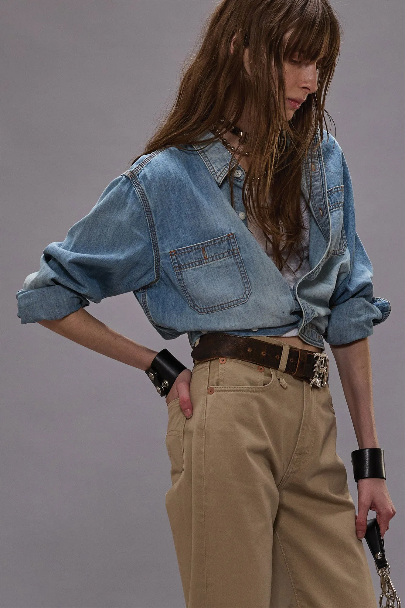 WRAP AROUND DENIM WORK SHIRT - RIVER BLUE sold by R13