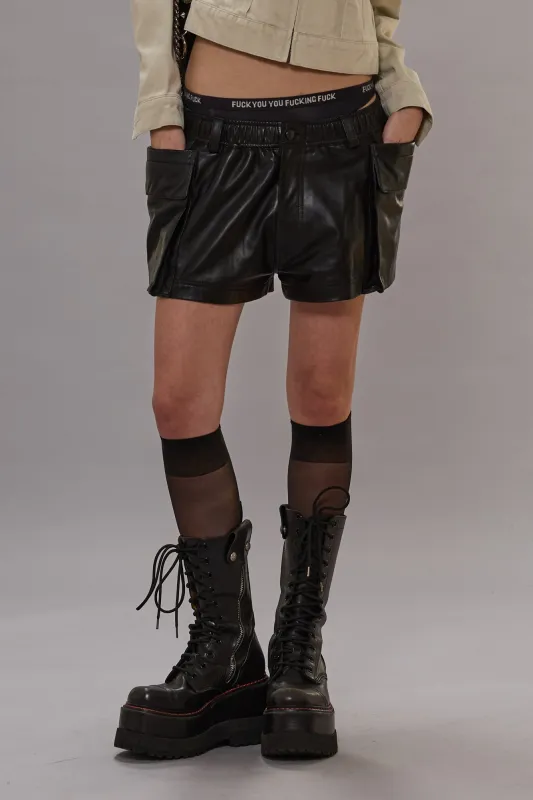 LEATHER SHORTS WITH 2-WAY POCKETS - BLACK sold by R13