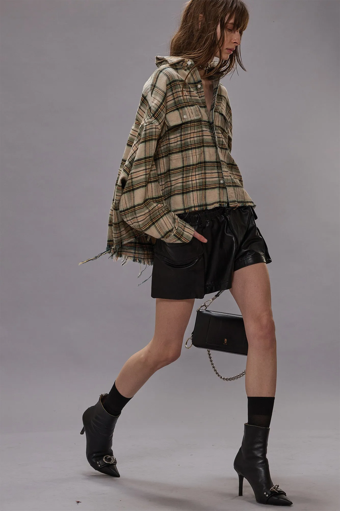 CROPPED WORK SHIRT - CREAM/TURQUOISE PLAID sold by R13