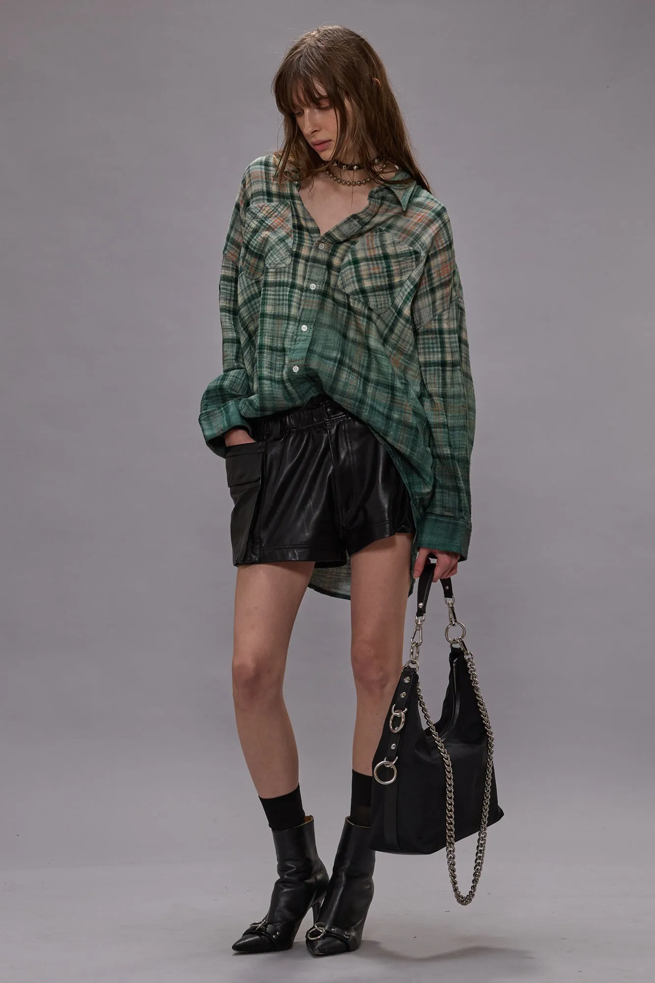 DROP NECK WORKSHIRT - DIPPED BLACK TURQUOISE PLAID sold by R13 product image thumbnail 2