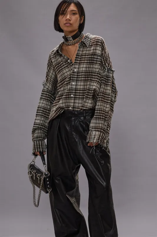 SHREDDED SEAM DROP NECK SHIRT - BLUE/GREY PLAID sold by R13