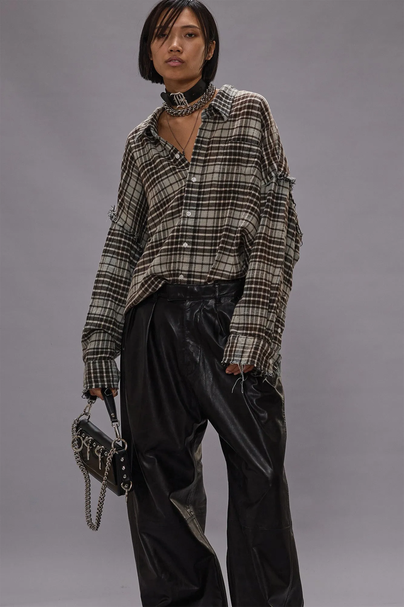 SHREDDED SEAM DROP NECK SHIRT - BLUE/GREY PLAID sold by R13