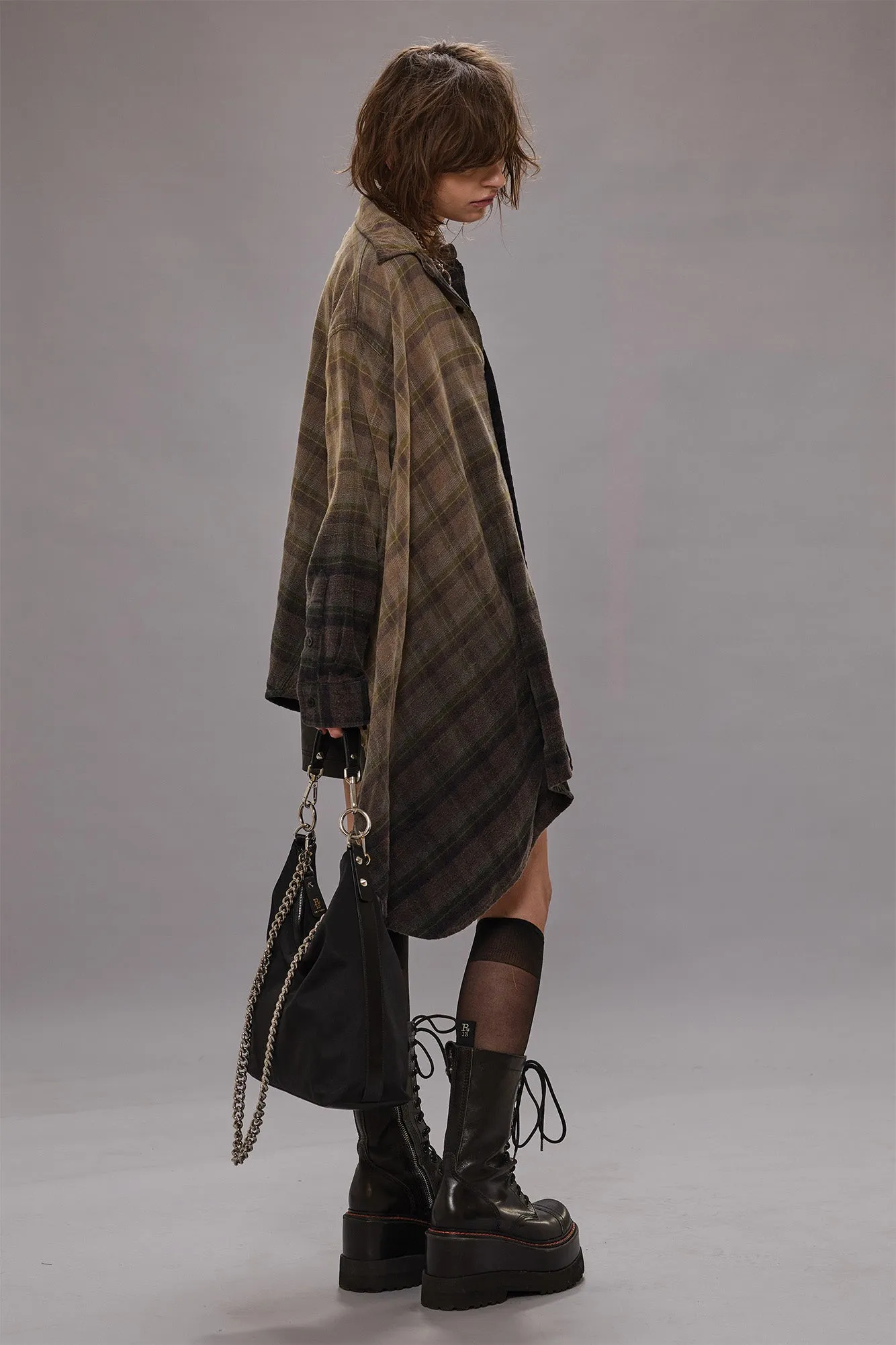 DRAPED FRONT SHIRT - BLACK DIPPED PLAID sold by R13