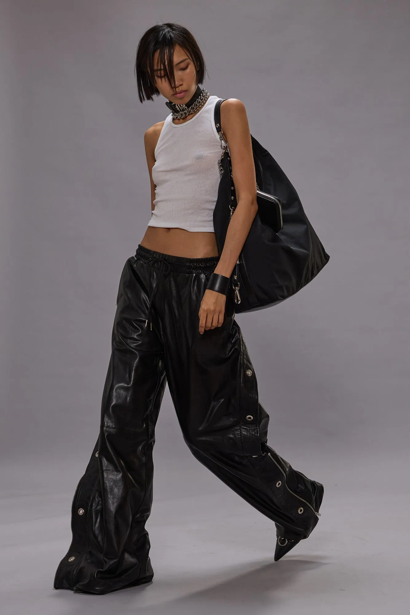 WIDE LEG LEATHER PANT WITH TRAPUNTO STITCHING - BLACK sold by R13 product image thumbnail 2