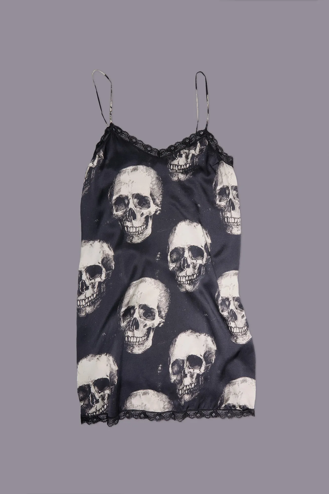LACE TRIMMED SLIP DRESS - SKULLS ON BLACK sold by R13 product image thumbnail 3