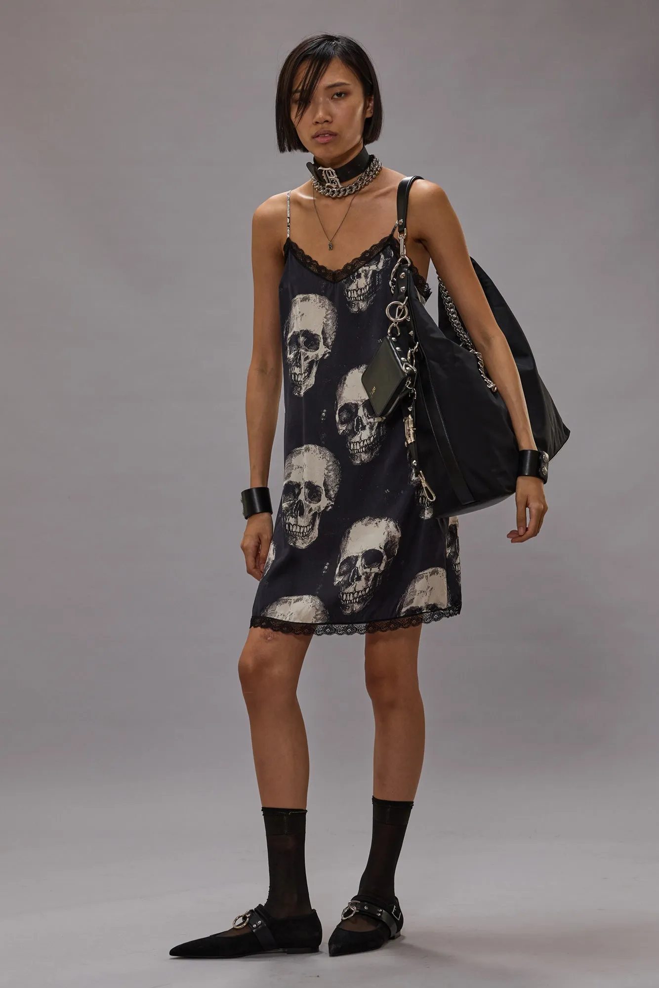 LACE TRIMMED SLIP DRESS - SKULLS ON BLACK sold by R13 product image thumbnail 2