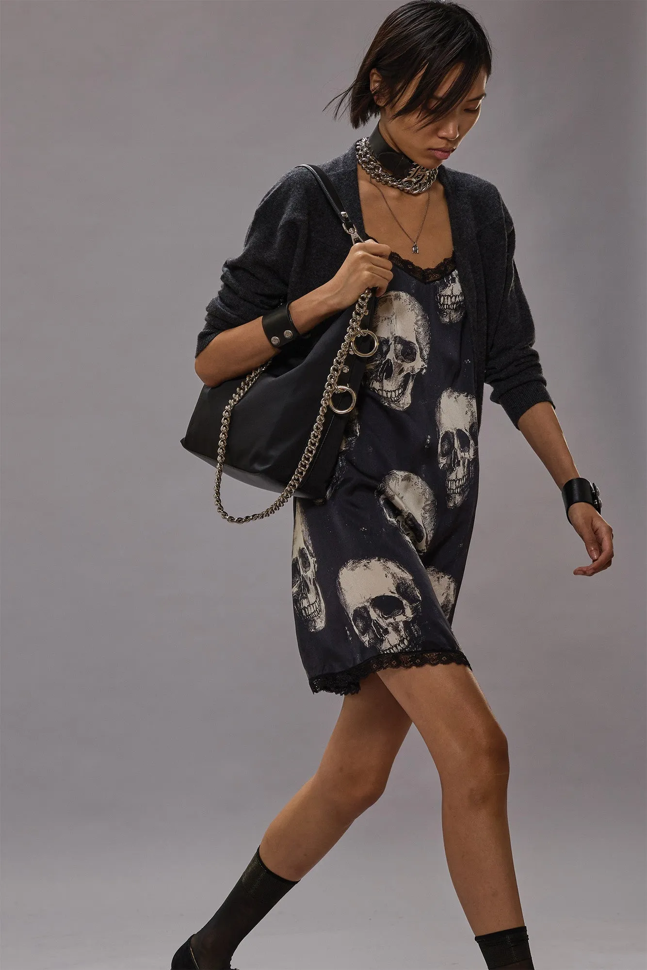 LACE TRIMMED SLIP DRESS - SKULLS ON BLACK sold by R13