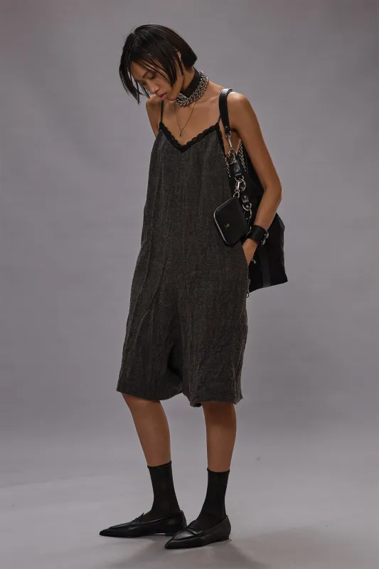 LACE TRIMMED ROMPER - DARK GREY PLAID sold by R13