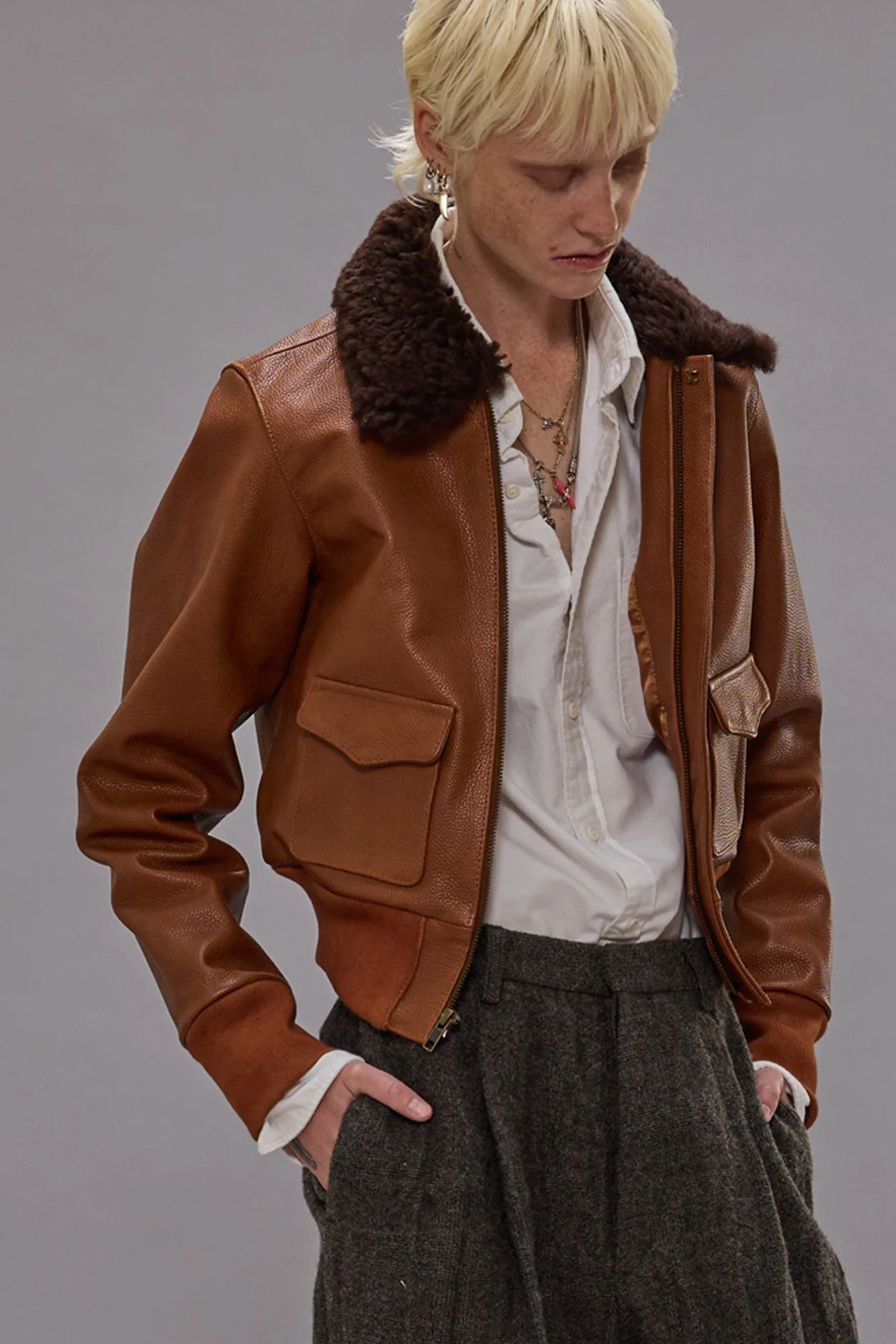 CROPPED SHRUNKEN ZIP-UP BOMBER - ORANGE BROWN sold by R13 product image thumbnail 3