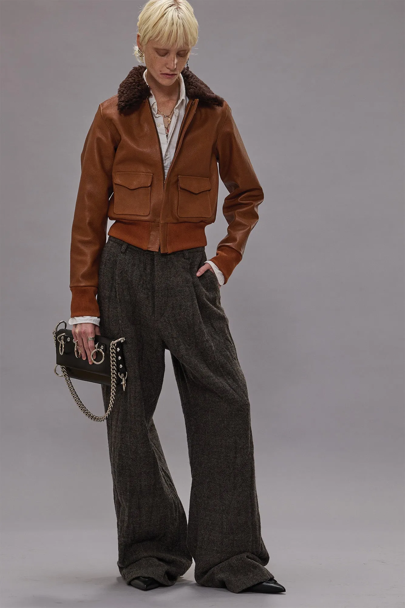 CROPPED SHRUNKEN ZIP-UP BOMBER - ORANGE BROWN sold by R13