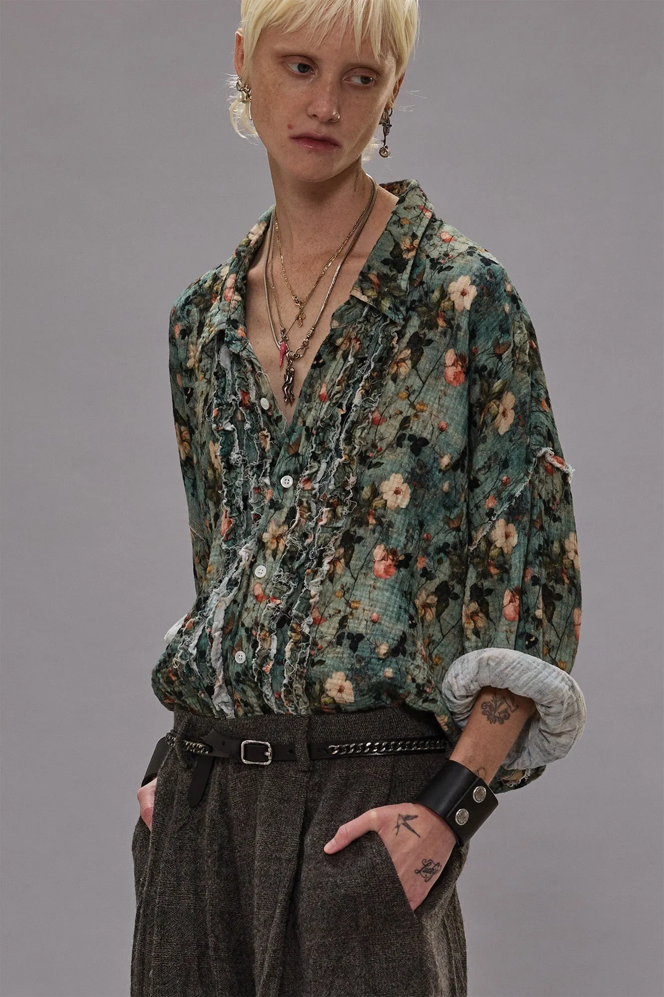 SHREDDED SEAM RUFFLE SHIRT - TURQUOISE FLORAL sold by R13