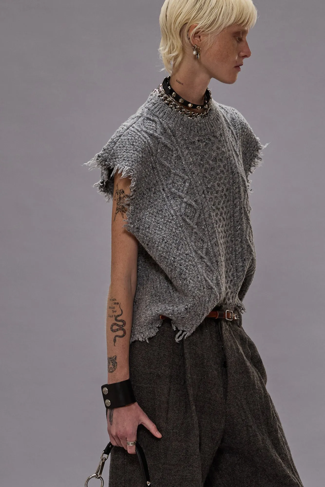 BOYFRIEND CABLE SWEATER VEST - HEATHER GREY TWEED sold by R13 product image thumbnail 3